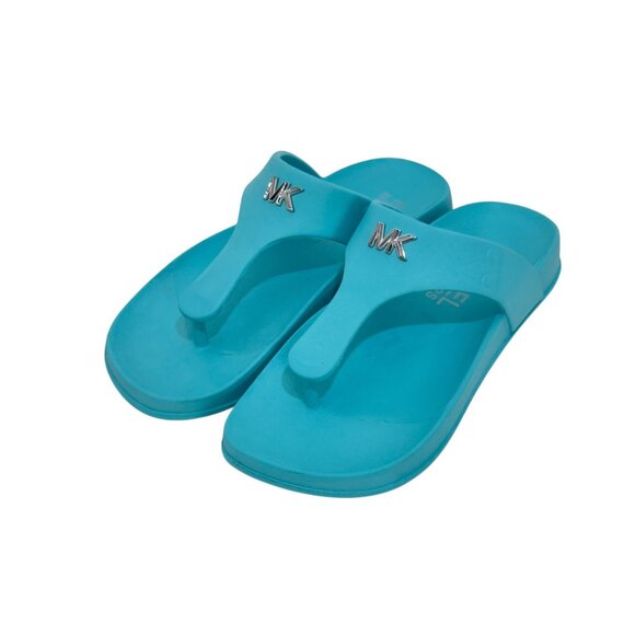 Michael Kors Linsey Women Turquoise MK Logo Tstrap Slide Sandals SZ 6M Eva Upper - Picture 2 of 13